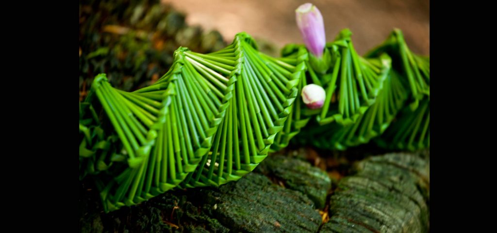 Land art is often very minimalistic. Here we see woven grasses into a shape draped over a wooden trunk.