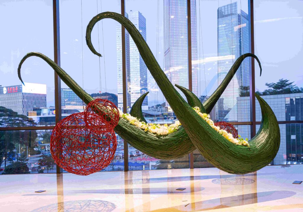 Dancing swans in the Kande Hotel in Guangzhou, China. Made with Bamboo and Hydrangea